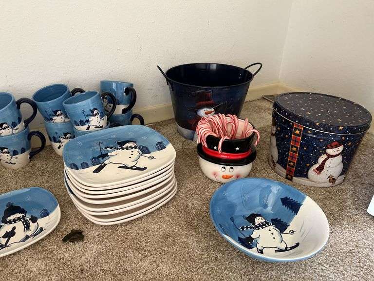 Snowman dinnerware, tins, bowls, mugs etc...
