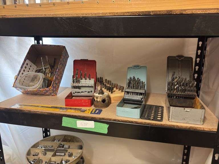 Metal shelf and all contents includes drillbit indexes socket set