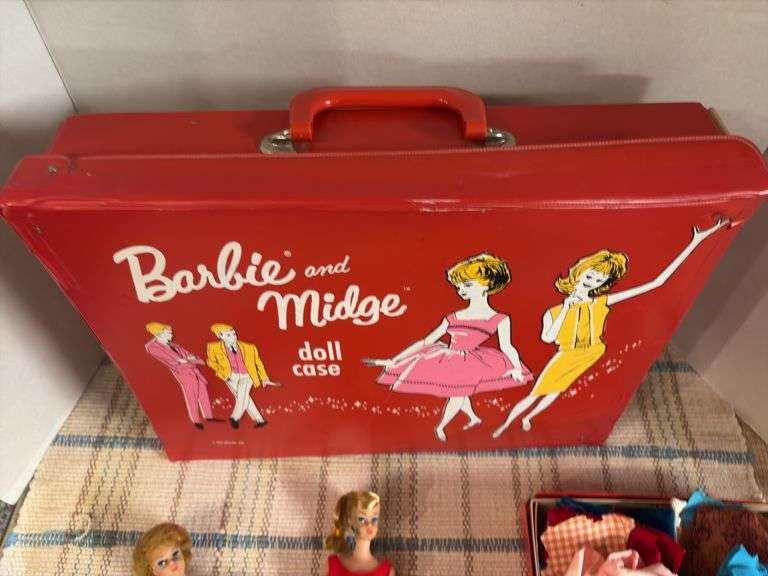 1963 Barbie and Midge doll case, (2) 1958 patent dolls, assorted clothes and patterns