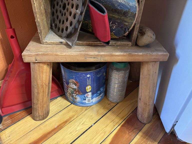Vintage wooden step stool, wooden box and decorative items