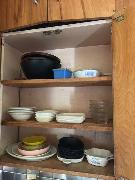 Plastic mixing bowls with lids, dishes, drawer of flatware, glassware, small CorningWare casseroles, etc