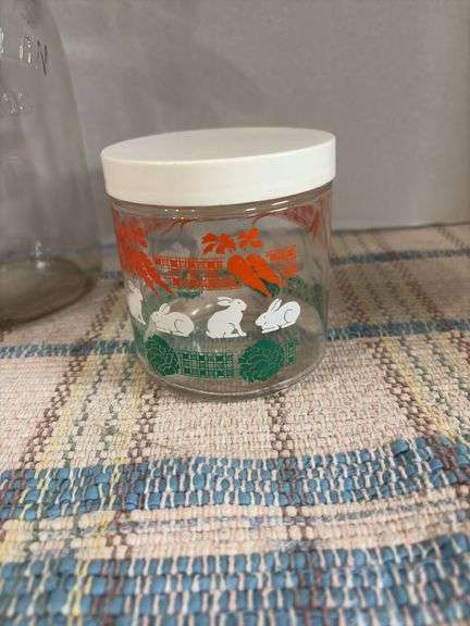 Half gallon milk bottle and cream spoon and painted jar