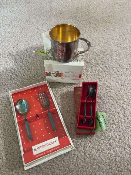 Roger's juvenile silverware set and cup, Swedish pickle fork set