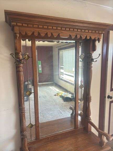 Antique ornate lions head oak entry bench with mirror
