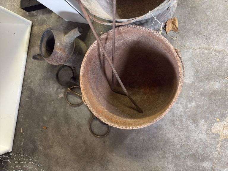 Coal bucket, tin pour can, CI 3 legged kettle and stove lifters