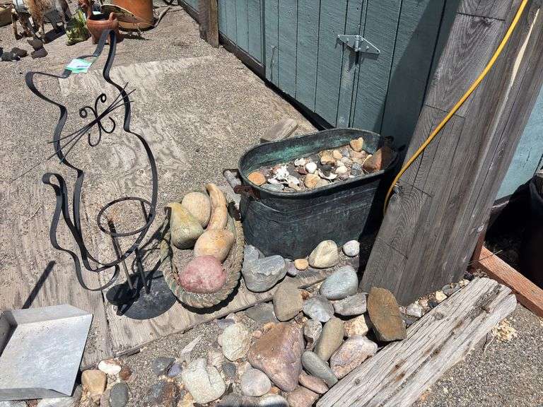 Garden decor, including copper boiler, and cat cut out