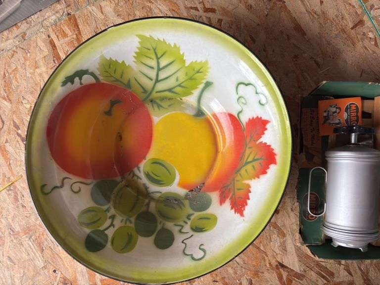 Large painted enamelwear bowl and Miro cookie press