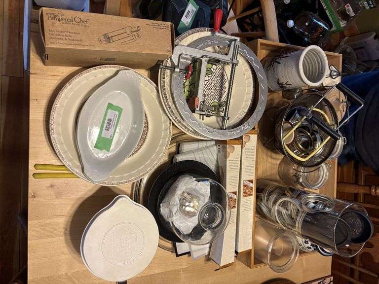 Pie plates, canning jar lids, vintage colander, pampered chef batter bowl, apple peeler