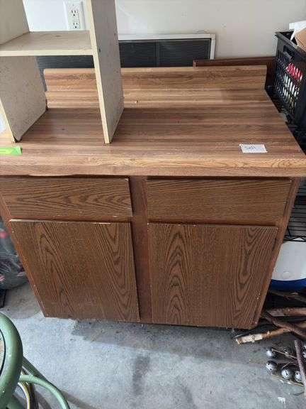 36" base cabinet and 36" double door wall cabinet and small white shelf unit  Bring a screw gun