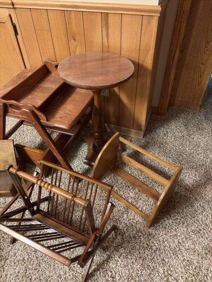 Small wood table, magazine rack, shelves, etc 6 pcs