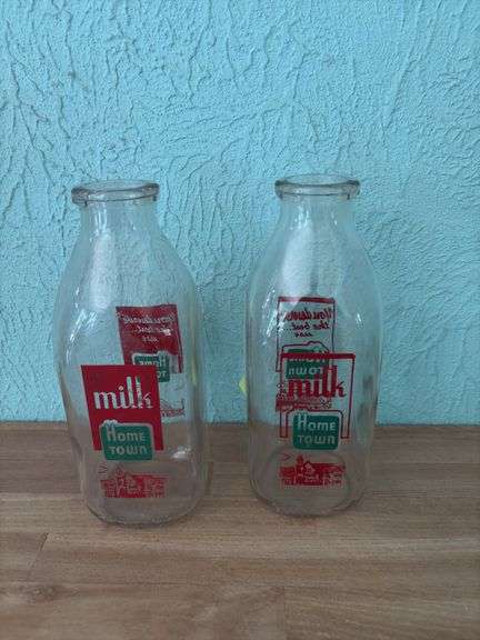 Two Hometown Dairy 1qt milk jars, clear glass jar and Pyo-My ice box pie pan