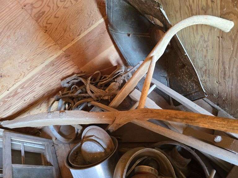 2 old walking plows, breaking plow and potato plow, cream separator parts