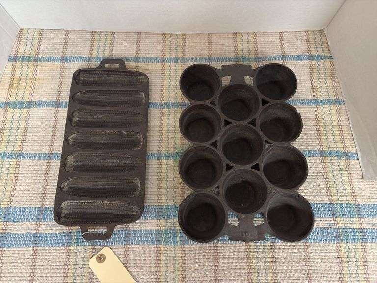 Cast iron cornbread pan marked 7 S E and muffin pan