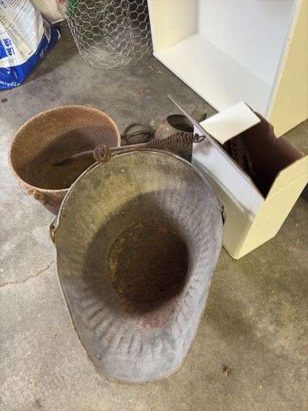 Coal bucket, tin pour can, CI 3 legged kettle and stove lifters