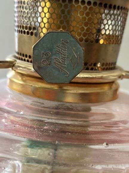 Aladdin kerosene lamp with pink Lincoln drape font, #23 burner, shade and correct chimney