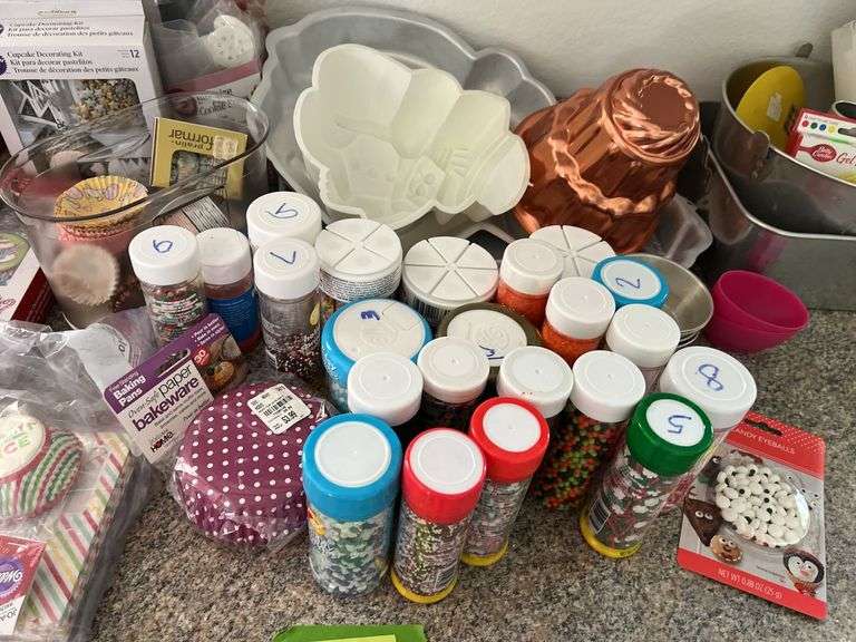 Variety of cake decorating supplies, candies, pans etc...