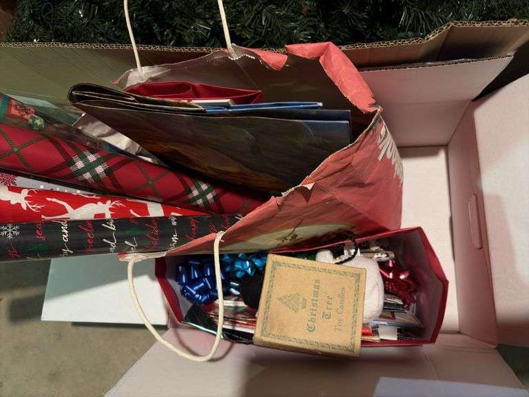 6.5’ prelit Christmas tree, tree stand, candles, wrap, etc