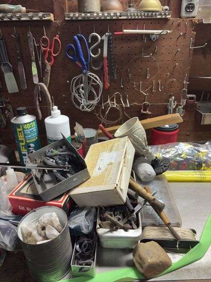 Small rolling tool box and tools as shown on left half of bench and wall