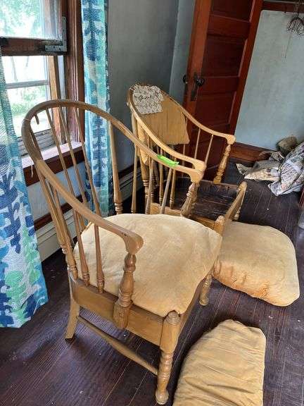 Two heavy wrap around chairs with wood slat seats and spindle back, see photos for condition
