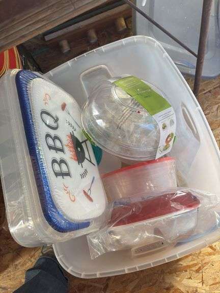 Tote of brand new plasticware storage items