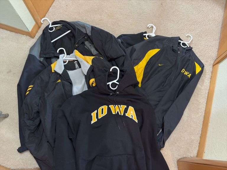 6 hangers of Hawkeye apparel, light coats/jackets most XXL