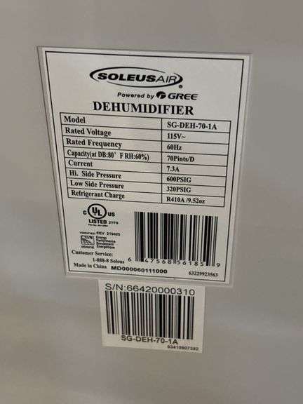 SoleUSAir 70 pint dehumidifier