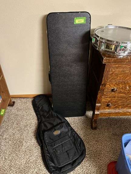 Vic Firth snare drum, soft guitar case and rectangular instrument hardcase