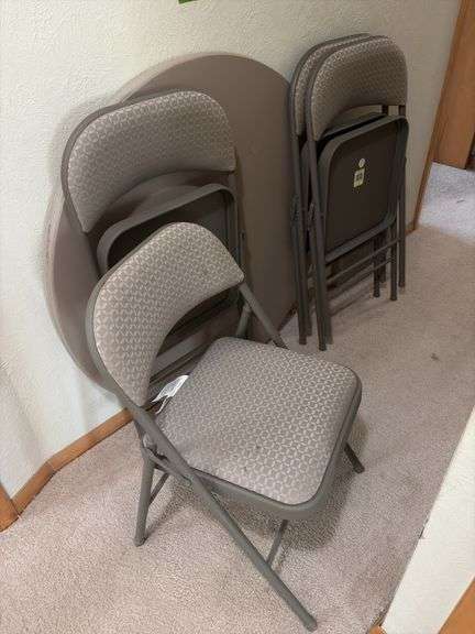 Tan/grey round card table and 4 chairs
