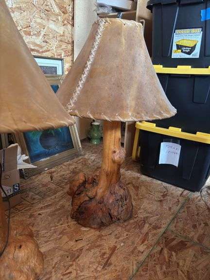 Two heavy burled pine lamps with rawhide shades