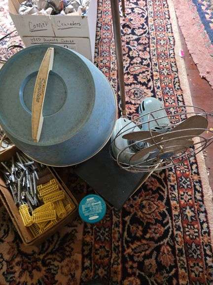 Vintage hair dryers, curlers, clock radio, boombox, fan, NIB KMC 12” portable black & white TV, etc