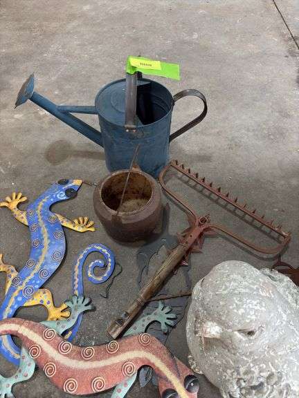 Metal flower garden yard art, bird and sprinkling can
