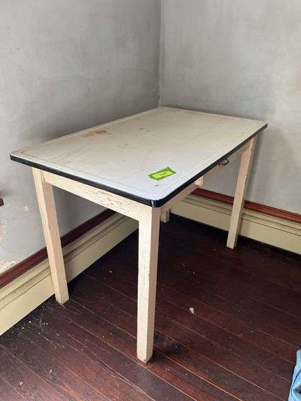 Enamel top table with single drawer 25D x 40L x 30H