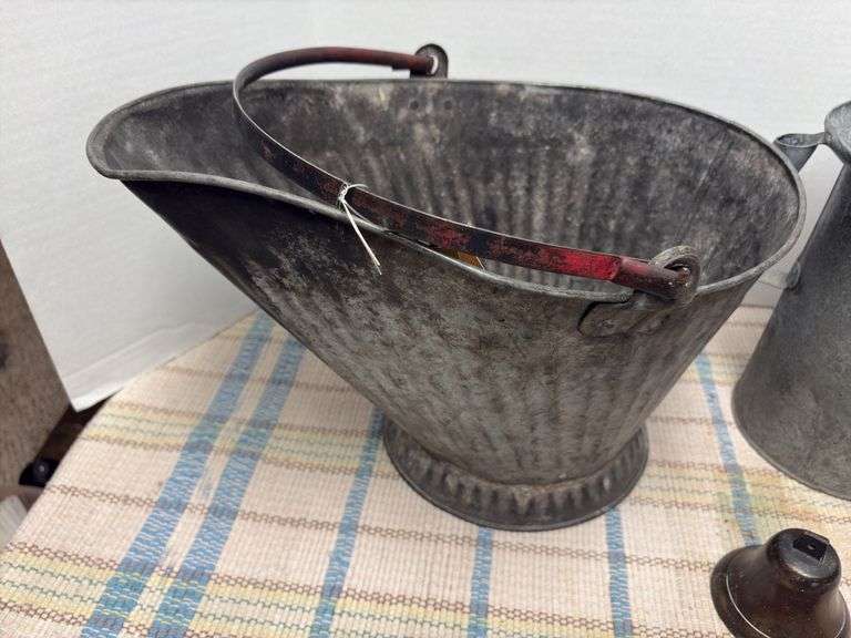 Coal bucket, bulk oil can and brass bell