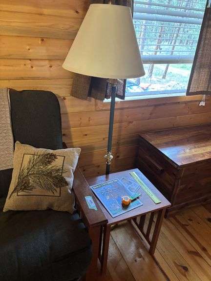 Futon, side table and lamp