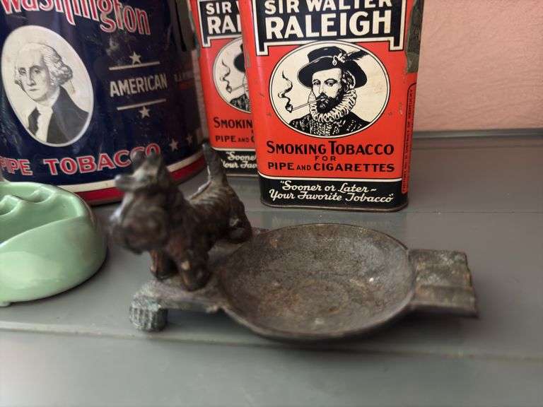 Tobacco tins, Scottie dog ashtray, two Snuf-a-rettes