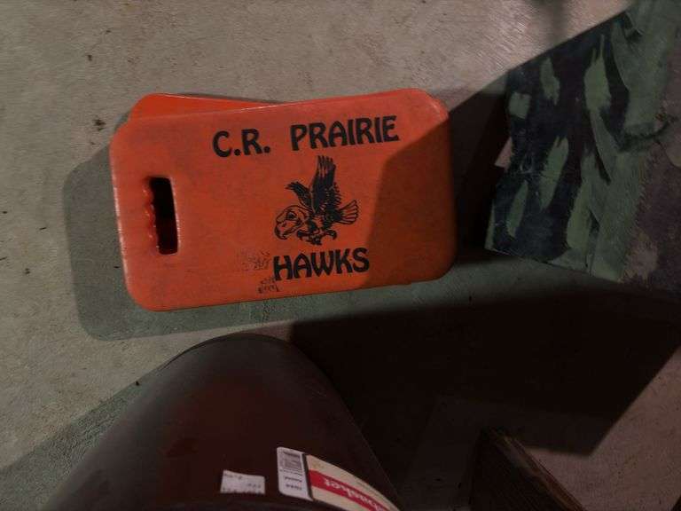 Trash can, bleacher cushions and three wooden step stools