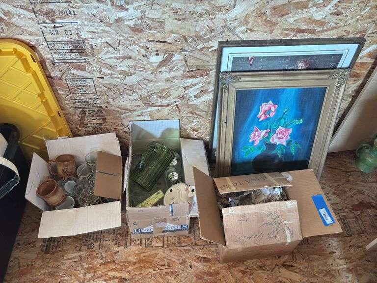 Three boxes of miscellaneous glassware, and two pictures