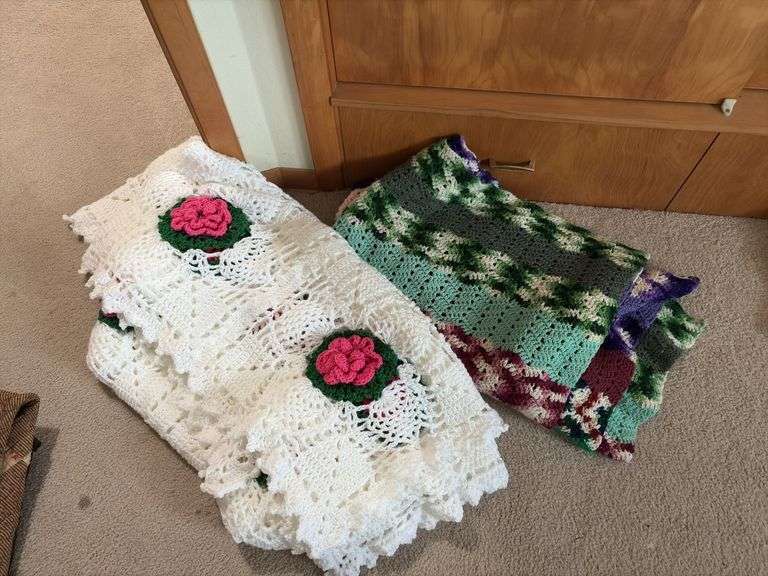 76 x 76 hand crocheted bedspread w/ roses and an afghan