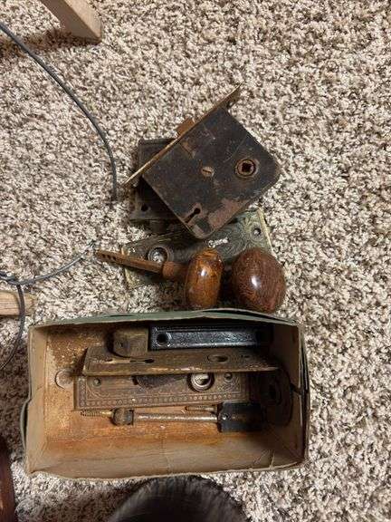 Antique door latch set, sealing jar, washboard and rug beater
