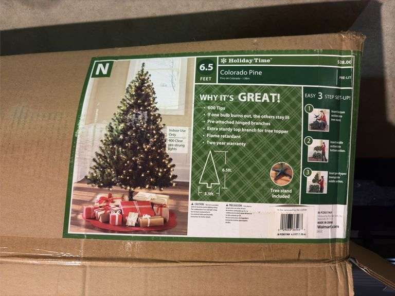 6.5’ prelit Christmas tree, tree stand, candles, wrap, etc