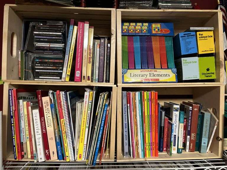 2 white metal shelf units, oak bookcase and LOTS AND LOTS of education materials BRING YOUR BOXES