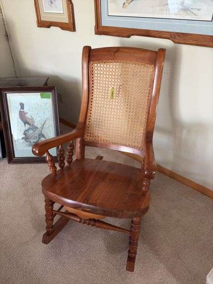 Kraus Furniture Amana  solid walnut arm rocker, solid seat cane back