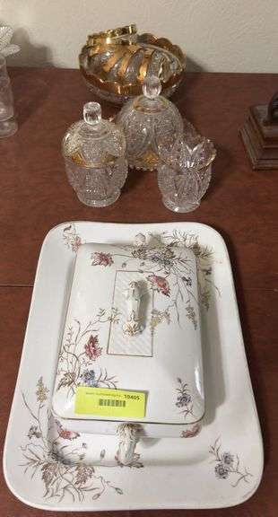 Ironstone platter and casserole dish, gold edged Berry set, covered butter, C& S