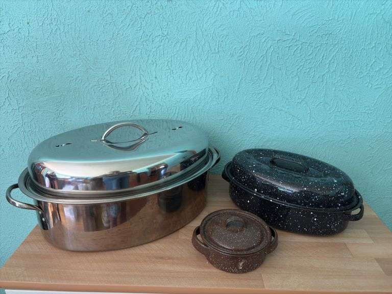Stainless steel roaster and two granite ware roasters