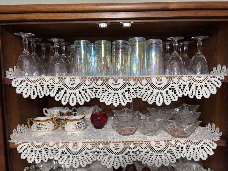 Mary Gregory painted blue vase, stemware, candle holders, pink bowl, 1907 souviner cup and more