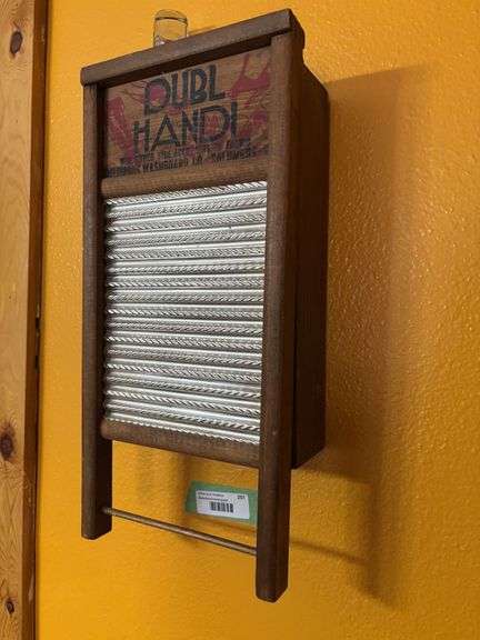 Unique wall hanging miniature washboard storage cupboard, with shot glasses inside!