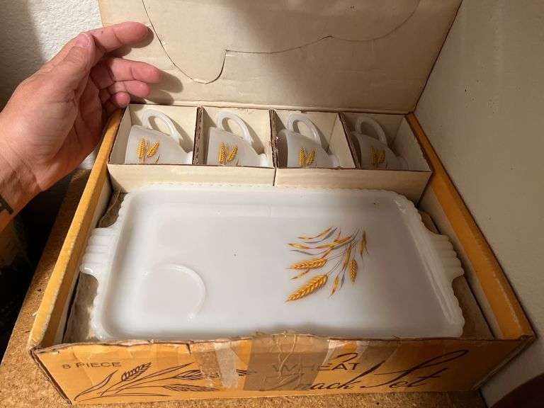Hazel Ware Simplicity 8pc Buffett service, Anchor Hocking 8oz wheat snack set, 15 Haskelite trays
