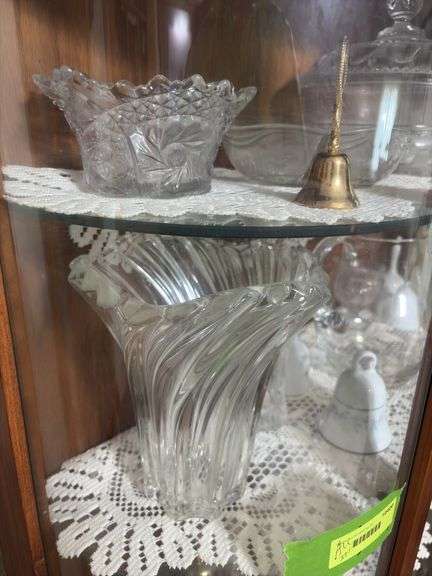 All in china cabinet includes glass bells, vases,  pitcher, hand painted bowls and more