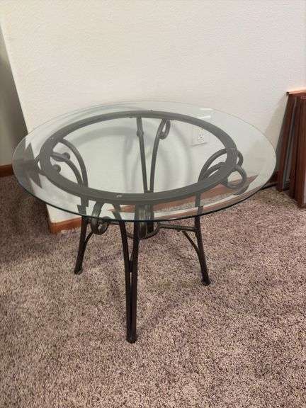 26" round glass top wrought iron leg table