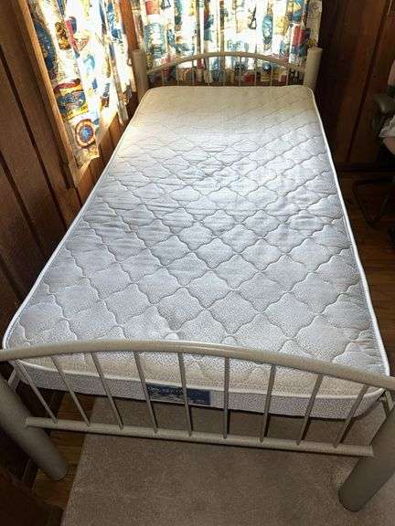 Twin size metal bed with Serta Bristol mattress and linens Very clean!!